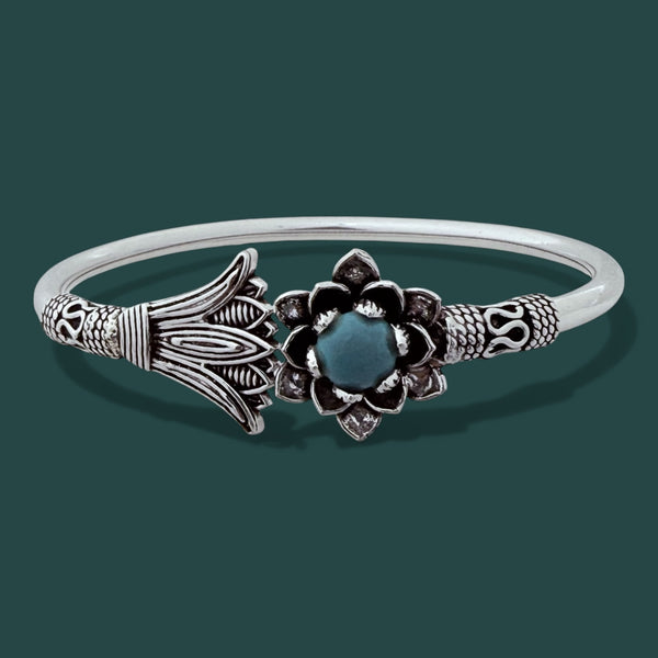 925 Silver Lotus Firoza Stone Adjustable Kada – Floral Statement Bangle, 15g