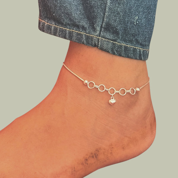 eart Charm Snake Chain Anklet – 925 Silver, 10g Girls, Daily Wear