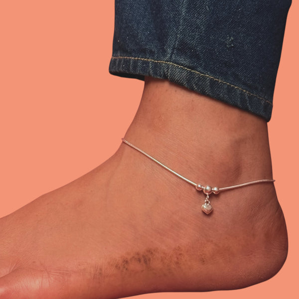 Heart Charm Snake Chain Anklet – 925 Silver, 9.5g Girls, Daily Wear
