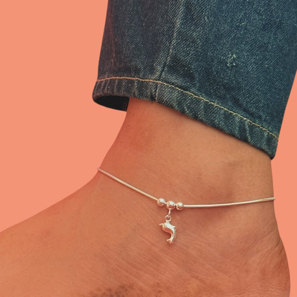 Dolphin Charm Snake Chain Anklet – 925 Silver, 9.5g Girls, Daily Wear