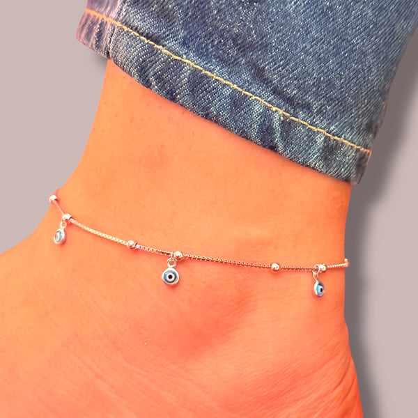 Imported Italian Box Chain Evil Eye Anklet – 925 Silver, 4.4g Girls, Daily Wear