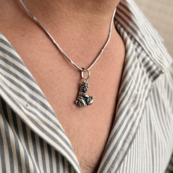 Sitting Krishna Makhanchor Pendant with Makhan Pot, Oxidized 925 Sterling Silver, 25mm x 12mm | Kanha -Kanhaiya -Laddu Gopal | Rudra Craft