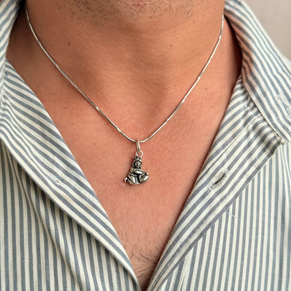 Sitting Krishna Makhanchor Pendant with Makhan Pot, Oxidized 925 Sterling Silver, 25mm x 12mm | Kanha -Kanhaiya -Laddu Gopal | Rudra Craft