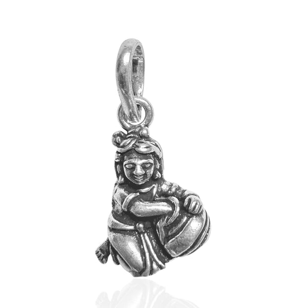 Sitting Krishna Makhanchor Pendant with Makhan Pot, Oxidized 925 Sterling Silver, 25mm x 12mm | Kanha -Kanhaiya -Laddu Gopal | Rudra Craft