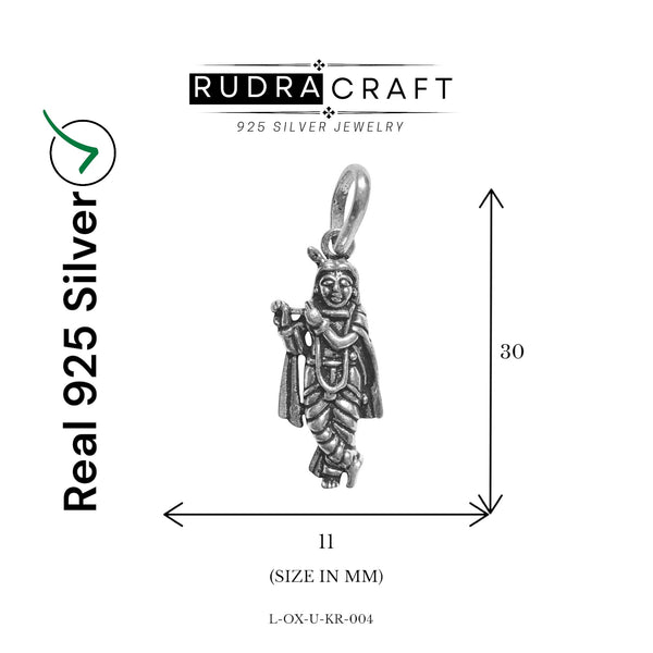 Standing Krishna Pendant, Playing Flute, Oxidized 925 Sterling Silver, 30mm x 11mm | Rudra Craft