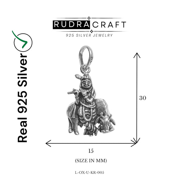 Standing Krishna Pendant with Cow, Playing Flute, Oxidized 925 Sterling Silver, 30mm x 15mm | Rudra Craft