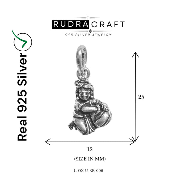 Sitting Krishna Makhanchor Pendant with Makhan Pot, Oxidized 925 Sterling Silver, 25mm x 12mm | Kanha -Kanhaiya -Laddu Gopal | Rudra Craft