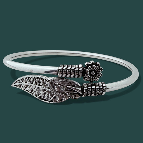 Leaf Flower Kada – 925 Silver Adjustable Bracelet, 16g, Floral Design