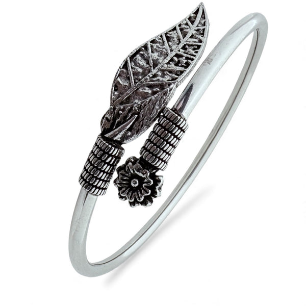 Leaf Flower Kada – 925 Silver Adjustable Bracelet, 16g, Floral Design