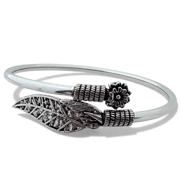 Leaf Flower Kada – 925 Silver Adjustable Bracelet, 16g, Floral Design