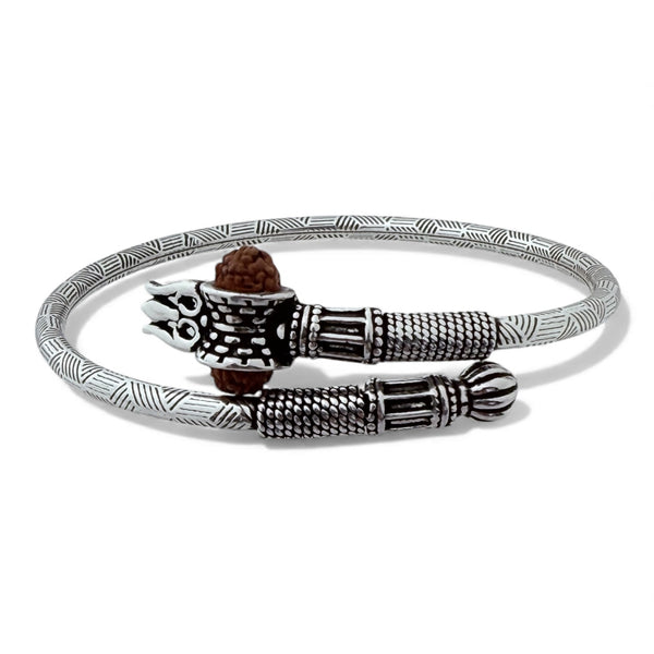 Rudraksha Bahubali Kada – 925 Silver Damru Trishool Adjustable Bracelet, 14g