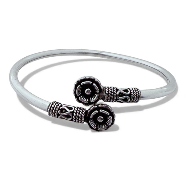 Flower Kada – 925 Silver Adjustable Bracelet, 12.2g Dual Flower Motif