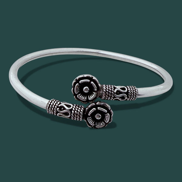 Flower Kada – 925 Silver Adjustable Bracelet, 12.2g Dual Flower Motif