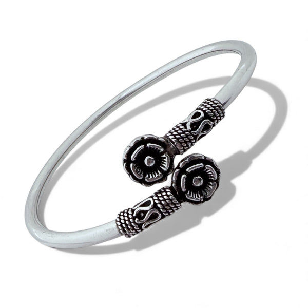 Flower Kada – 925 Silver Adjustable Bracelet, 12.2g Dual Flower Motif
