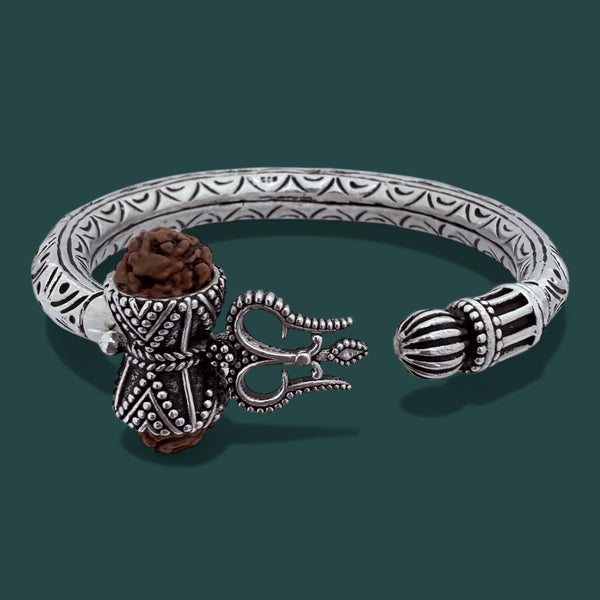 Bahubali Chitai Hand-Carved Kada – 925 Silver Trishool Damru Rudraksha Bracelet, 45g Handcrafted (Unisex)