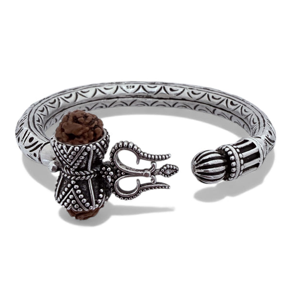 Bahubali Chitai Hand-Carved Kada – 925 Silver Trishool Damru Rudraksha Bracelet, 45g Handcrafted (Unisex)