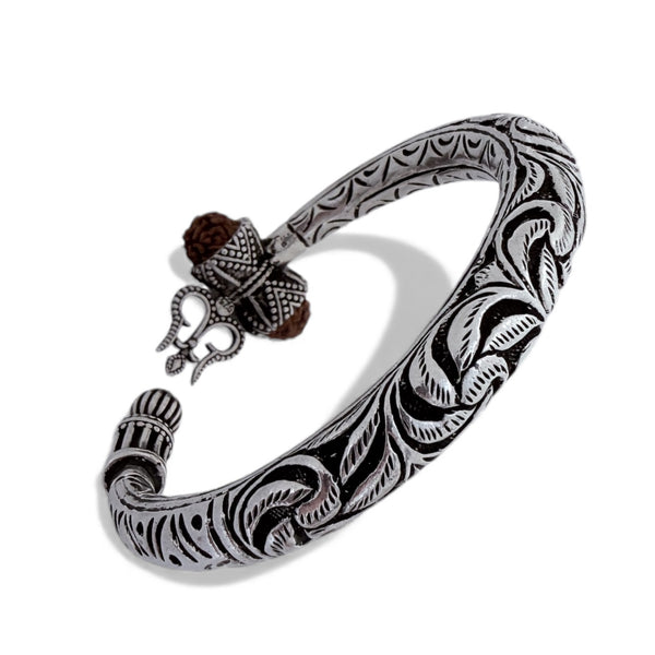 Bahubali Chitai Hand-Carved Kada – 925 Silver Trishool Damru Rudraksha Bracelet, 45g Handcrafted (Unisex)