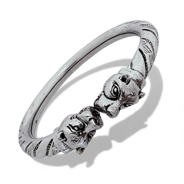 Lion Face Kada – 925 Silver Hollow Twist Adjustable Bracelet, 31.5g Oxidised Antique (Unisex)