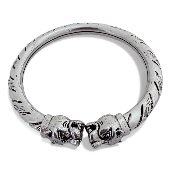 Lion Face Kada – 925 Silver Hollow Twist Adjustable Bracelet, 31.5g Oxidised Antique (Unisex)
