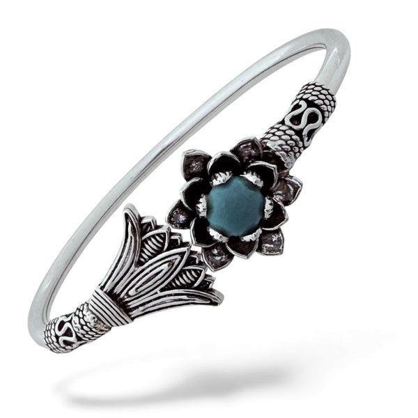 925 Silver Lotus Firoza Stone Adjustable Kada – Floral Statement Bangle, 15g