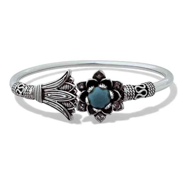 925 Silver Lotus Firoza Stone Adjustable Kada – Floral Statement Bangle, 15g
