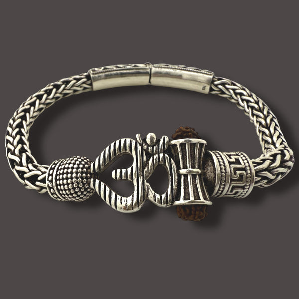 925 Silver Om & Rudraksha Bracelet for Men – Antique Oxidised, 44g