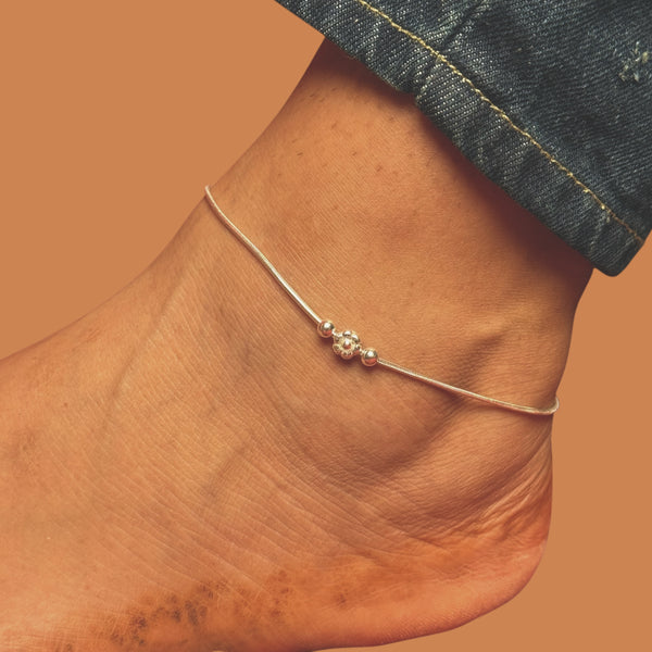 Flower Bead Snake Chain Anklet – 925 Silver, 8.5g Girls, Daily Wear