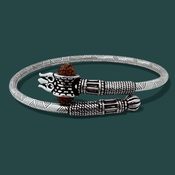 Rudraksha Bahubali Kada – 925 Silver Damru Trishool Adjustable Bracelet, 14g