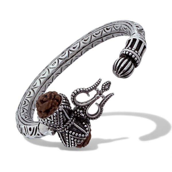 Bahubali Chitai Hand-Carved Kada – 925 Silver Trishool Damru Rudraksha Bracelet, 45g Handcrafted (Unisex)