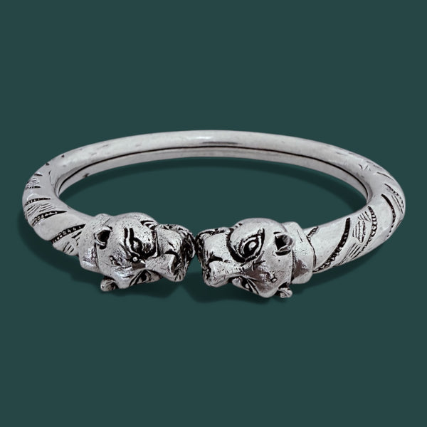 Lion Face Kada – 925 Silver Hollow Twist Adjustable Bracelet, 31.5g Oxidised Antique (Unisex)