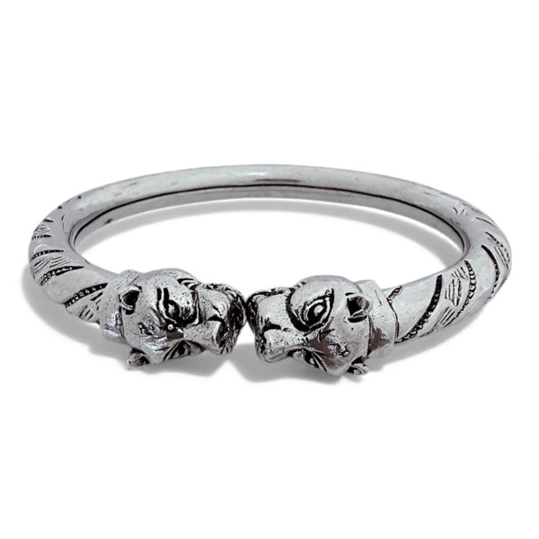 Lion Face Kada – 925 Silver Hollow Twist Adjustable Bracelet, 31.5g Oxidised Antique (Unisex)
